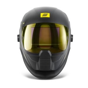 Black welding helmet with yellow visor