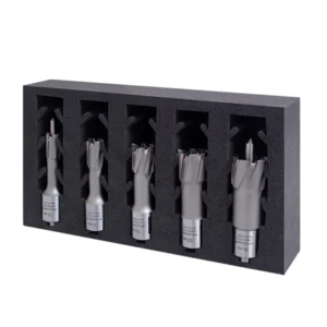 Set of five metal drill bits in foam case.