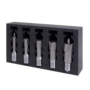 Set of five metal drill bits in a case