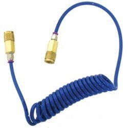 Coiled blue hose with metallic connectors