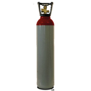 Gray and red gas cylinder for storage.