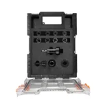 Open tool case with various accessories displayed