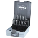 Set of metal drill bits in a storage case.