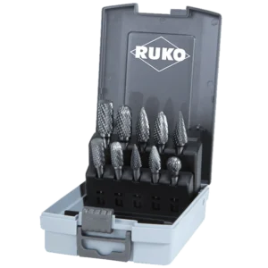 Set of metal drill bits in a storage case.