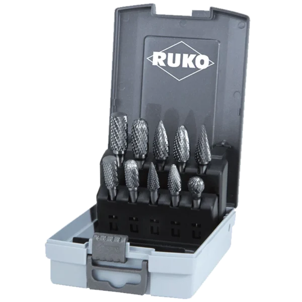 Set of metal drill bits in a storage case.