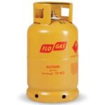 Yellow butane gas cylinder with safety label.