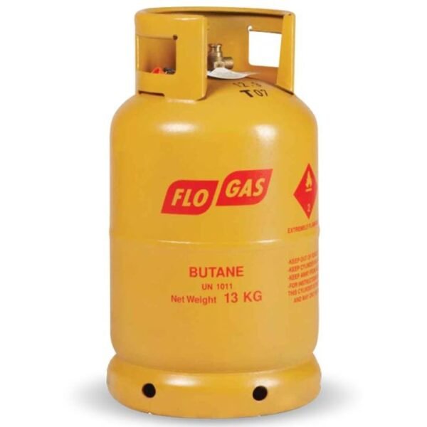Yellow butane gas cylinder with safety label.
