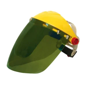 Protective face shield with yellow top and green visor.