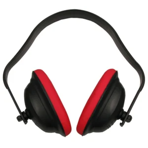 Red and black safety headphones for noise protection.