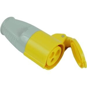 Yellow and gray electrical connector for outdoor use.