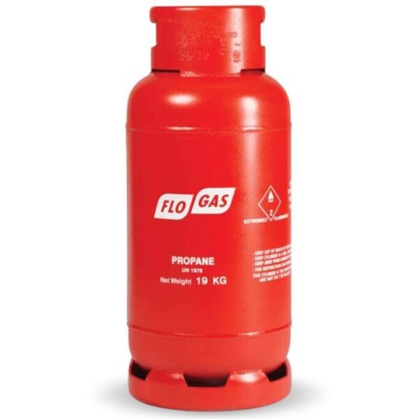 Red propane gas cylinder labeled FloGas 19 KG.