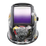Welding helmet with colorful stickers and graphics.