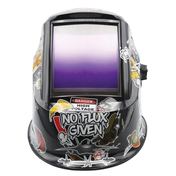 Welding helmet with colorful stickers and graphics.
