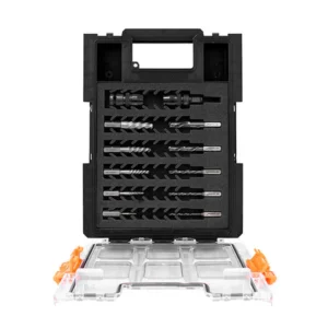 Open tool case with various drill bits inside.