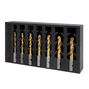 Set of gold-coated drill bits in storage case.