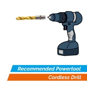 Illustration of a cordless drill and drill bit.