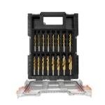 Set of drill bits in a storage case.
