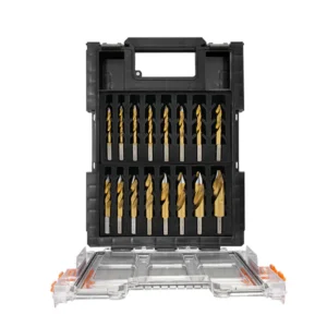 Set of drill bits in a storage case.
