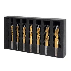 Set of eight gold-coated drilling tools in storage