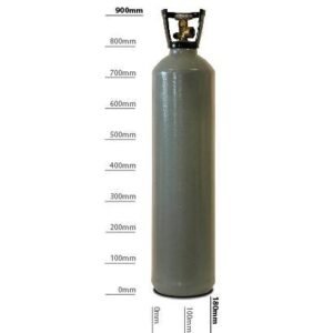 Steel gas cylinder with measurement markings.