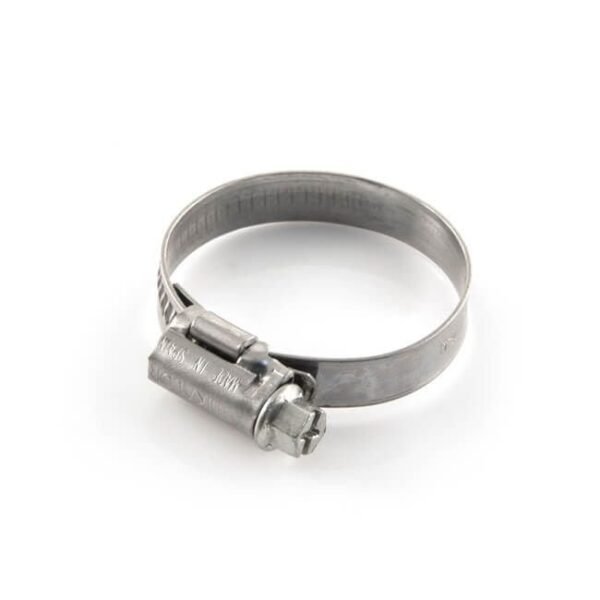 Metal hose clamp for securing hoses tightly.