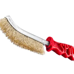 Wire brush with a red handle.