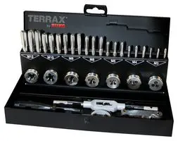 Complete tap and die set in a case.