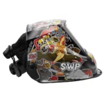 Stylish motorcycle helmet with colorful stickers.