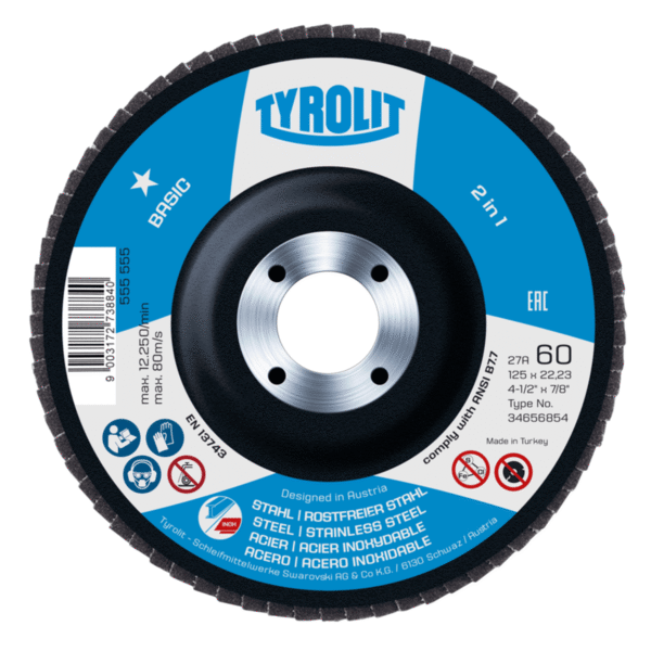 Tyrolit 2-in-1 abrasive wheel for metalworking.