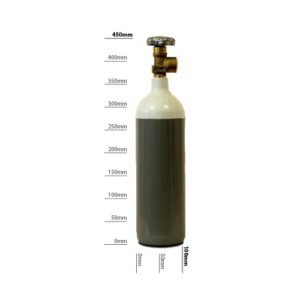 Gray gas cylinder with measurement indicators.