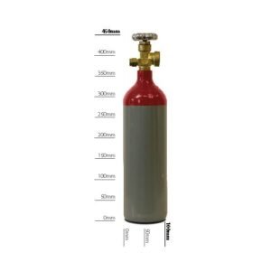 Gray gas cylinder with red top and valve.