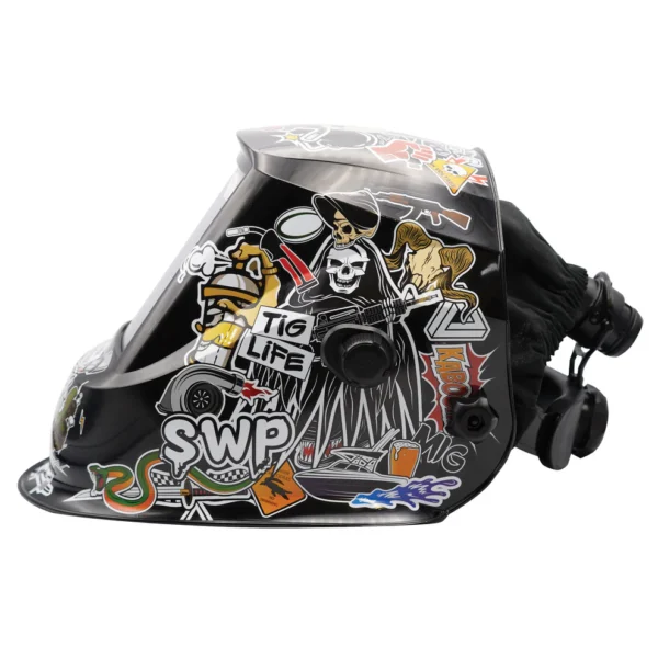 Side view of a decorative motorcycle helmet