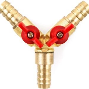 Brass Y-shaped hose connector with red valves