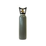 Gray gas cylinder with black valve on top.