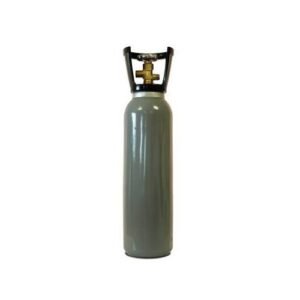 Gray gas cylinder with black valve on top.