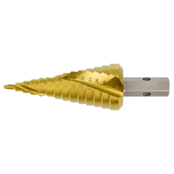 Gold step drill bit with measurement markings