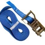 Blue ratchet strap with metal buckle for securing loads.