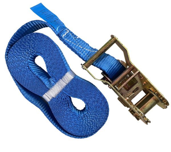 Blue ratchet strap with metal buckle for securing loads.