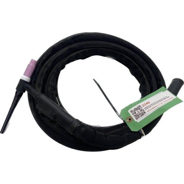 Black welding cable with connector and identification tag.