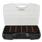 Open storage case with multiple compartments.