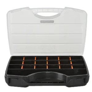 Open storage case with multiple compartments.