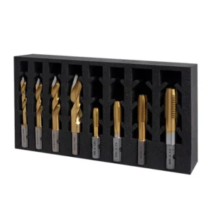 Set of gold-coated drill bits in storage