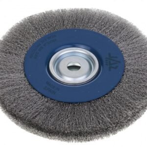 Metal brush wheel for cleaning and polishing surfaces.