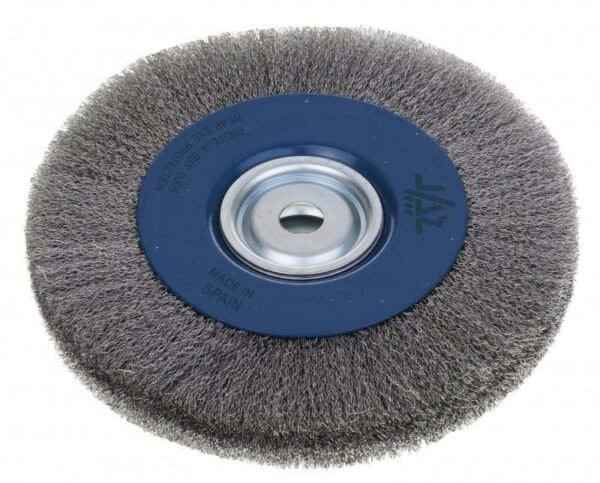 Metal brush wheel for cleaning and polishing surfaces.