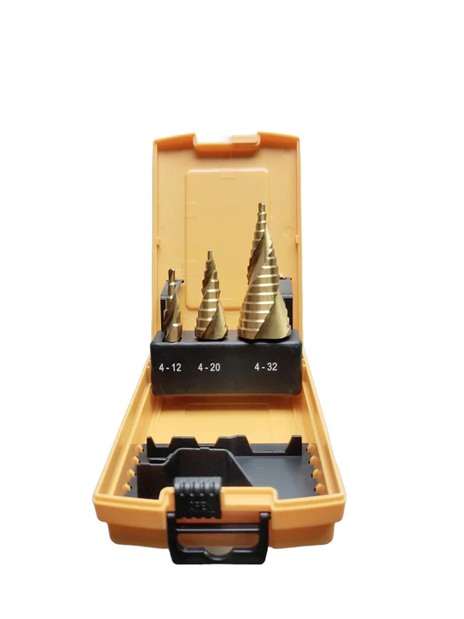 Set of step drill bits in an orange case.