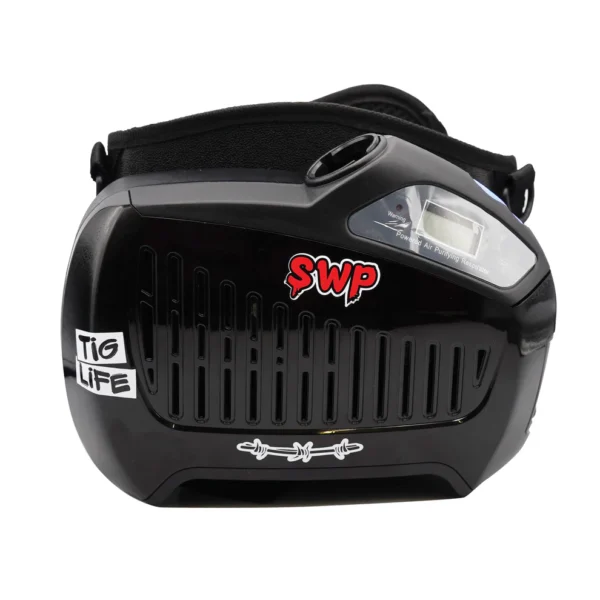 Black powered air purifying respirator with graphics.