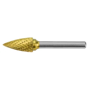 Metal carving bit with a pointed, textured tip.