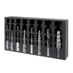 Set of metal drill bits in organizer tray.