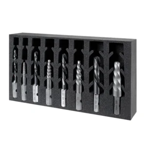Set of metal drill bits in organizer tray.