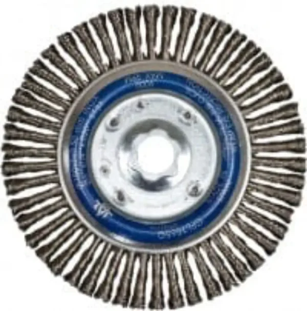 Circular wire wheel brush for cleaning and polishing.